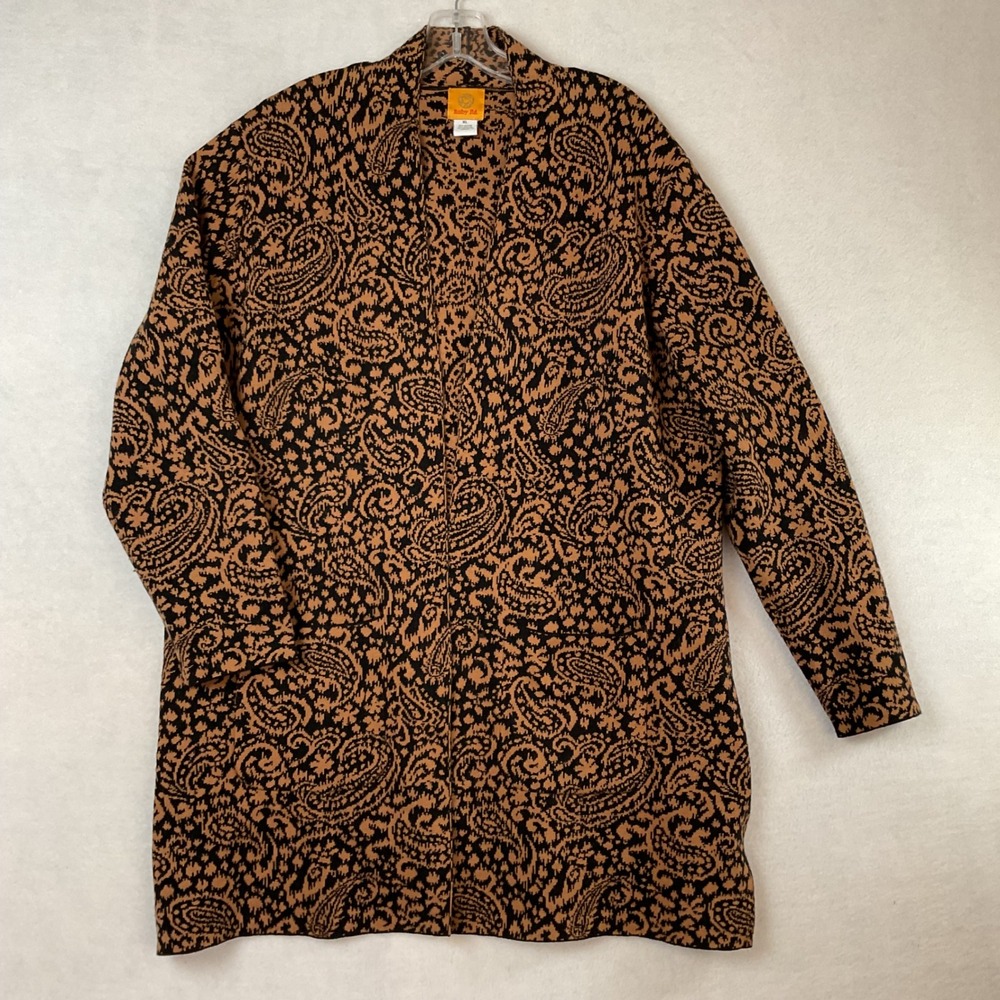 Ruby Rd Womens XL Black Brown Paisley Open Front Knit Cardigan Pockets